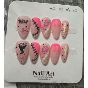 Hot Pink And Black‎ Almond Press On Nails With Halloween Design